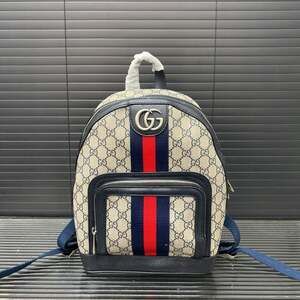 Gucci Small Ophidia GG Supreme Backpack with Navy Blue Leather Trim